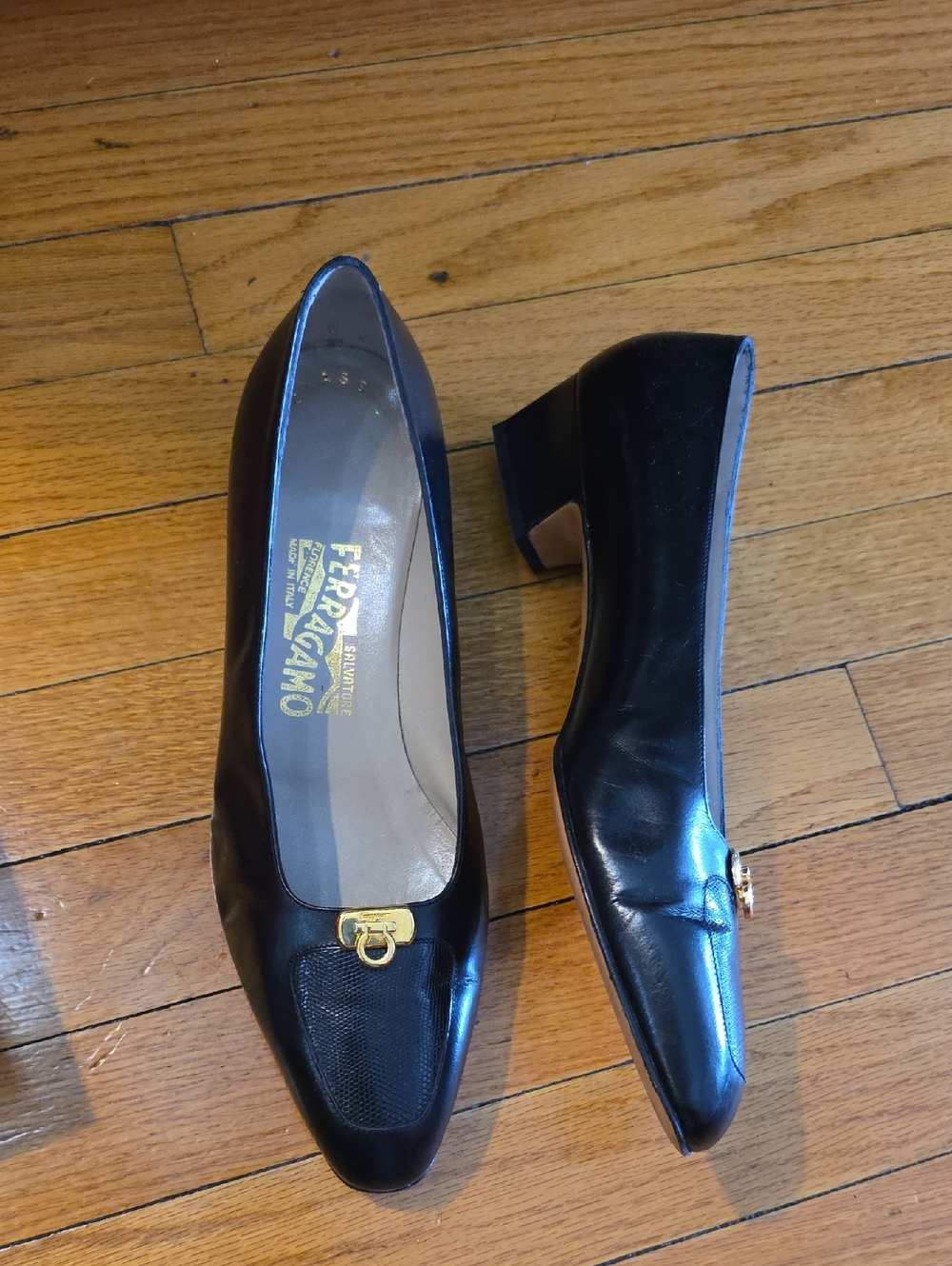 Salvatore Ferragamo Black Leather Mid Block Heel Pumps with Gold Hardware